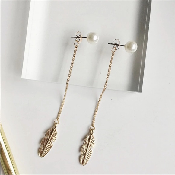 • Jett • Pearl + Feather Drop Earrings - Picture 2 of 3